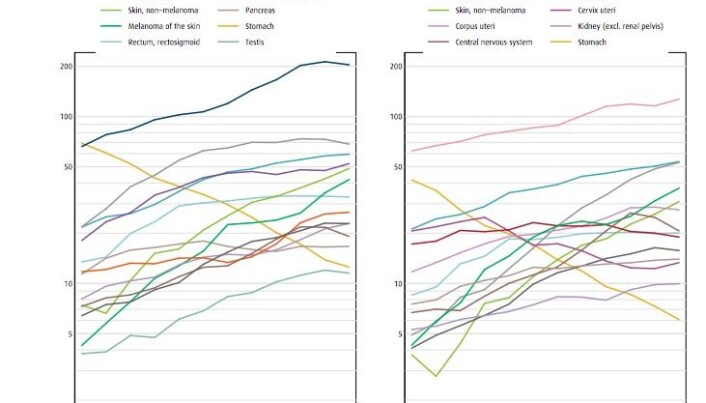 De aller fleste kreftformer har økt siden 1950-tallet. Magekreft (gul linje) skiller seg positivt ut i statistikken. Høyre tabell viser tilfeller blant menn og venstre blant kvinner. (Kilde: Cancer in Norway, 2017) De aller fleste kreftformer har økt siden 1950-tallet. Magekreft (gul linje) skiller seg positivt ut i statistikken. Høyre tabell viser tilfeller blant menn og venstre blant kvinner. (Kilde: Cancer in Norway, 2017)