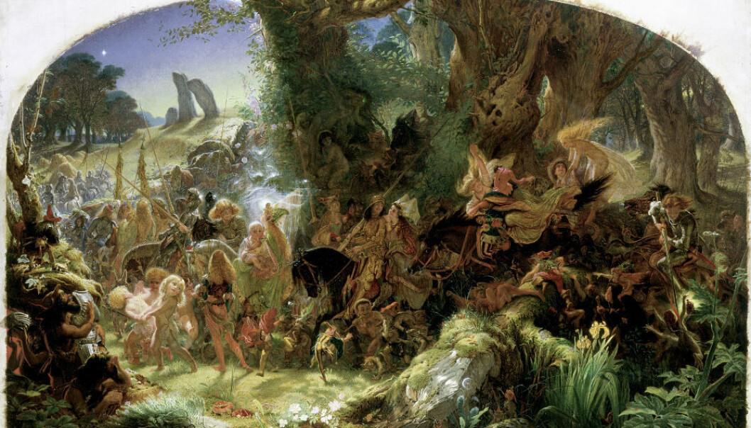 Maleriet «The Fairy Raid: Carrying Off a Changeling, Midsummer Eve» av Joseph Noel Paton, forteller historien om sankthansaften, da alvene kom for å stjele med seg menneskebarn. (Foto: Glasgow Museums.) Maleriet «The Fairy Raid: Carrying Off a Changeling, Midsummer Eve» av Joseph Noel Paton, forteller historien om sankthansaften, da alvene kom for å stjele med seg menneskebarn. (Foto: Glasgow Museums.)