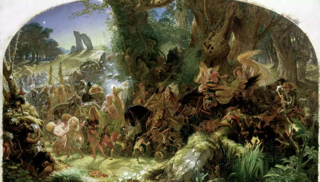 Maleriet «The Fairy Raid: Carrying Off a Changeling, Midsummer Eve» av Joseph Noel Paton, forteller historien om sankthansaften, da alvene kom for å stjele med seg menneskebarn. (Foto: Glasgow Museums.)