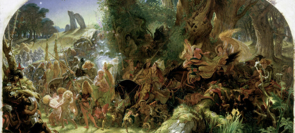 Maleriet «The Fairy Raid: Carrying Off a Changeling, Midsummer Eve» av Joseph Noel Paton, forteller historien om sankthansaften, da alvene kom for å stjele med seg menneskebarn. (Foto: Glasgow Museums.)