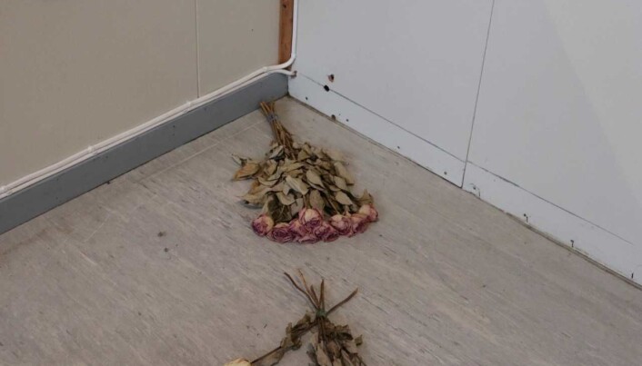 I kafeteriabygget står tiden stille. Kulehullene vitner om 22.-juli terroristens ugjerninger. Blomster, hjerter og annet får ligge for å minnes de som ble drept. (Foto: Foto: Gro Lien Garbo) I kafeteriabygget står tiden stille. Kulehullene vitner om 22.-juli terroristens ugjerninger. Blomster, hjerter og annet får ligge for å minnes de som ble drept. (Foto: Foto: Gro Lien Garbo)