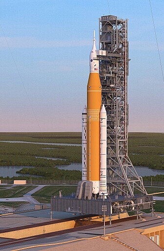 Slik ser NASA for seg at SLS vil se ut når den er klar for oppskytning. (Grafikk: NASA) Slik ser NASA for seg at SLS vil se ut når den er klar for oppskytning. (Grafikk: NASA)