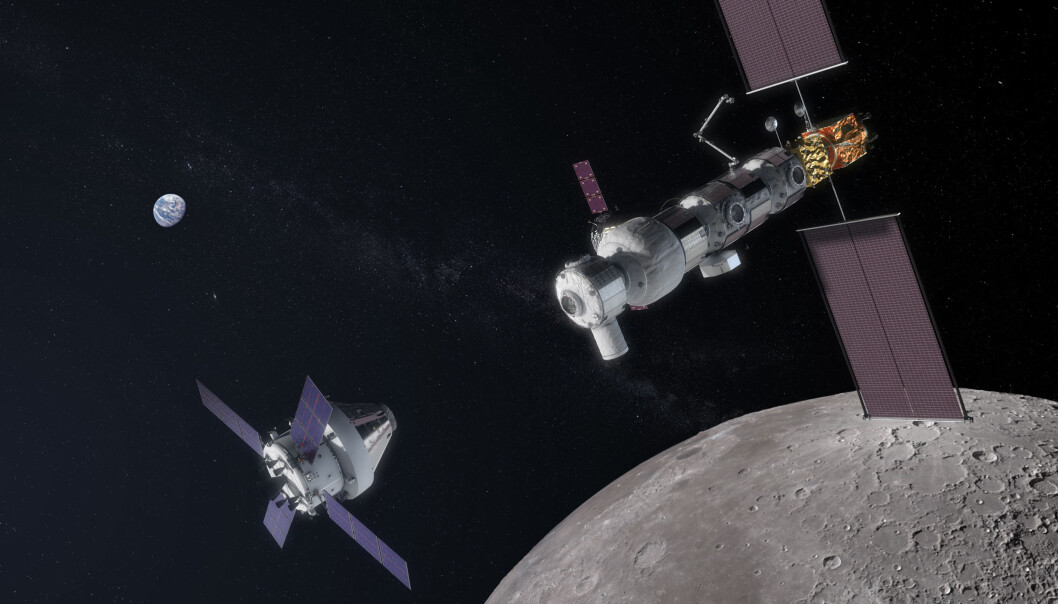 Slik kan en komplett Gateway se ut en gang i framtiden. Det bemannede romskipet Orion sees til høyre. (Bilde: NASA) Slik kan en komplett Gateway se ut en gang i framtiden. Det bemannede romskipet Orion sees til høyre. (Bilde: NASA)