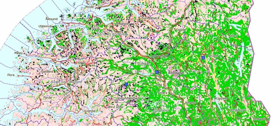 Slik kan permafrostkartet se ut. Eksperter kan bruke det til å lokalisere fjell som trolig har tint de siste tiårene eller vil tine de neste årene. (Skjermdump: NGU Permafrost)