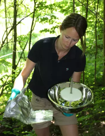 Forsker Helene Lunder Halvorsen er i ferd med å sette sammen en passiv luftprøvetaker av typen PUF-PAS, som på grunn av formen ofte kalles «ufo». Den hvite skiva i midten er et filter av polyuretanskum, som i løpet av de tre månedene ufoen henger ute skal fange opp ulike miljøgifter. (Foto: NILU)