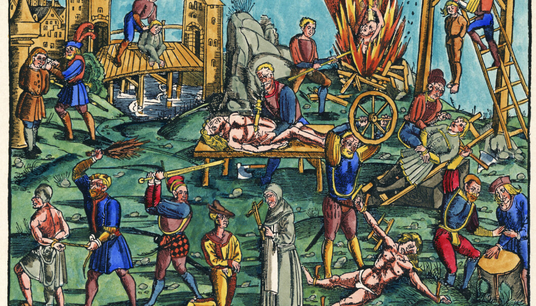 En tysk plansje fra 1512 som viser forskjellige henrettelses- og avstraffelsesmetoder fra middelalderen. Mange slike grusomme scener er avbildet, men det er få arkeologiske bevis. Plansjen er en del nyere enn massegraven i Tsjekkia. (Illustrasjonsbilde: Akg-images/NTB Scanpix) En tysk plansje fra 1512 som viser forskjellige henrettelses- og avstraffelsesmetoder fra middelalderen. Mange slike grusomme scener er avbildet, men det er få arkeologiske bevis. Plansjen er en del nyere enn massegraven i Tsjekkia. (Illustrasjonsbilde: Akg-images/NTB Scanpix)