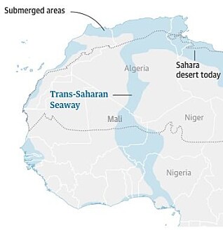 Den gamle sjøveien gjennom Sahara for 56–66 millioner år siden. (Grafikk: The Guardian) Den gamle sjøveien gjennom Sahara for 56–66 millioner år siden. (Grafikk: The Guardian)