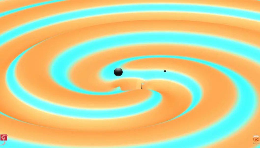 To svarte hull i øyeblikket før de kollidere, smelter sammen og sender ut energi i form av gravitasjonsbølger. Slike bølger ble oppdaget 2. juledag 2016 av to instrumenter i USA. Bølgene hadde vært underveis mot vårt solsystem i 1,4 milliarder år. (Figur: Numerical Simulations: S. Ossokine and A. Buonanno, Max Planck Institute for Gravitational Physics, and the Simulating eXtreme Spacetime (SXS) project. Scientific Visualization: T. Dietrich and R. Haas, Max Planck Ins. for Gravitational Physics.)