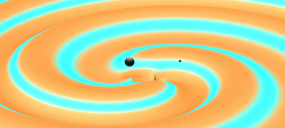 To svarte hull i øyeblikket før de kollidere, smelter sammen og sender ut energi i form av gravitasjonsbølger. Slike bølger ble oppdaget 2. juledag 2016 av to instrumenter i USA. Bølgene hadde vært underveis mot vårt solsystem i 1,4 milliarder år. (Figur: Numerical Simulations: S. Ossokine and A. Buonanno, Max Planck Institute for Gravitational Physics, and the Simulating eXtreme Spacetime (SXS) project. Scientific Visualization: T. Dietrich and R. Haas, Max Planck Ins. for Gravitational Physics.)