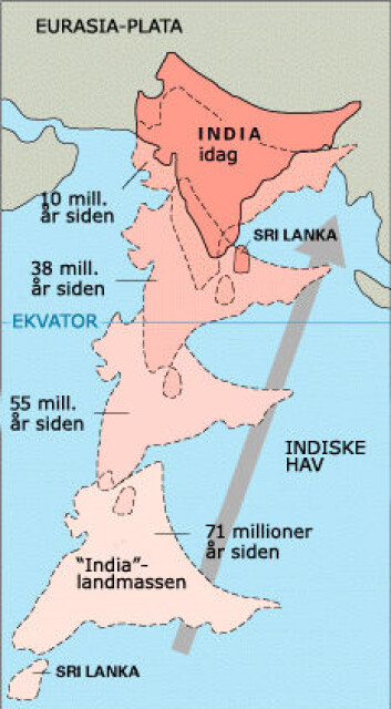 Slik har den indiske kontinentplaten drevet over et hav av lava og kollidert med den eurasiske platen. Som når isfjell møtes, dannes skruinger – her verdens høyeste fjellkjede, Himalaya. (Foto: (Figur: US Geological Survey)) Slik har den indiske kontinentplaten drevet over et hav av lava og kollidert med den eurasiske platen. Som når isfjell møtes, dannes skruinger – her verdens høyeste fjellkjede, Himalaya. (Foto: (Figur: US Geological Survey))