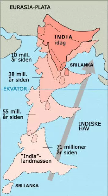 Slik har den indiske kontinentplaten drevet over et hav av lava og kollidert med den eurasiske platen. Som når isfjell møtes, dannes skruinger – her verdens høyeste fjellkjede, Himalaya. (Foto: (Figur: US Geological Survey))