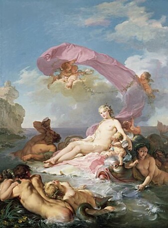 I den greske mytologien fortelles det om sjønymfer som rir på delfiner. Her poserer Amphitrite. Malt av Hugues Taraval i 1780, tilhører Mead Art Museum. I den greske mytologien fortelles det om sjønymfer som rir på delfiner. Her poserer Amphitrite. Malt av Hugues Taraval i 1780, tilhører Mead Art Museum.