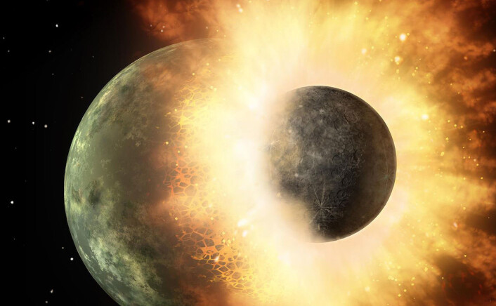 Enorme kollisjoner i solsystemets barndom mellom asteroider og månen kan ha gitt vår nærmeste nabo de sporene av vann som er funnet der. Dette bildet er en illustrasjon av en tilsvarende kollisjon. (Foto: (Illustrasjon: NASA/JPL-Caltech)) Enorme kollisjoner i solsystemets barndom mellom asteroider og månen kan ha gitt vår nærmeste nabo de sporene av vann som er funnet der. Dette bildet er en illustrasjon av en tilsvarende kollisjon. (Foto: (Illustrasjon: NASA/JPL-Caltech))