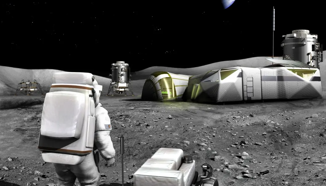 Romorganisasjonene vil bygge en base på månen. Men det er noen utfordringer som må løses. Natten på månen er opp til 16 dager lang, da blir det vanskelig å drive basen bare på solkraft. (Foto: ESA)