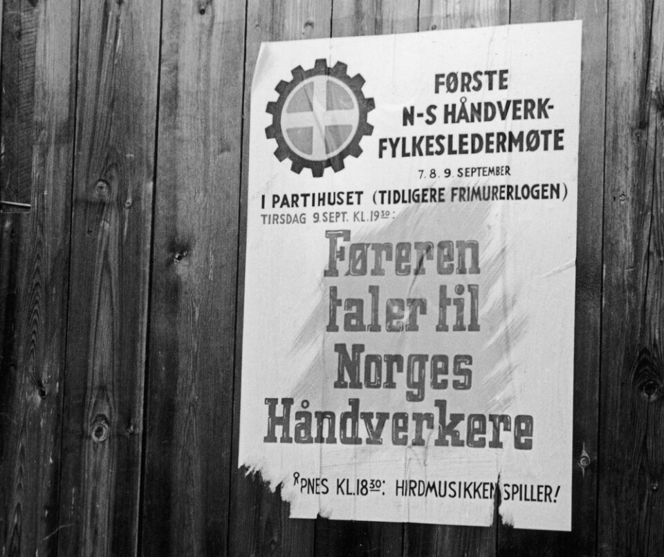 Plakat fra krigen som annonserer at Føreren vil snakke til håndverkere. Korporativisme var en sentral del av Nasjonal Samlings ideologiske planer for det nye Norge. (Foto: Ingvald Møllerstad/Aftenposten/NTB scanpix)