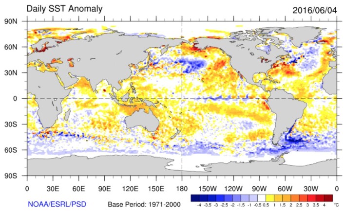 Temperaturen i havoverflaten (avvik fra normalperioden 1971 - 2000). (Bilde: NOAA) Temperaturen i havoverflaten (avvik fra normalperioden 1971 - 2000). (Bilde: NOAA)