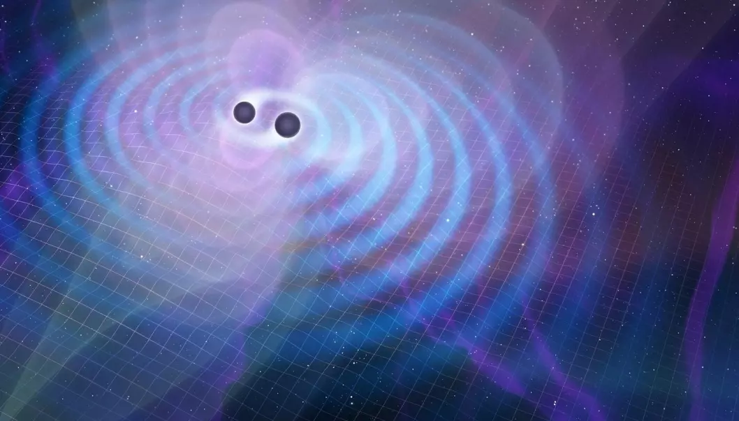 Slik ser en kunstner for seg at gravitasjonsbølger ser ut. Bølgene som ble oppdaget stammet fra en kollisjons mellom to svarte hull som lå rundt 1,3 milliarder lysår unna oss. (Bilde: Science Photo Library/NTB Scanpix)