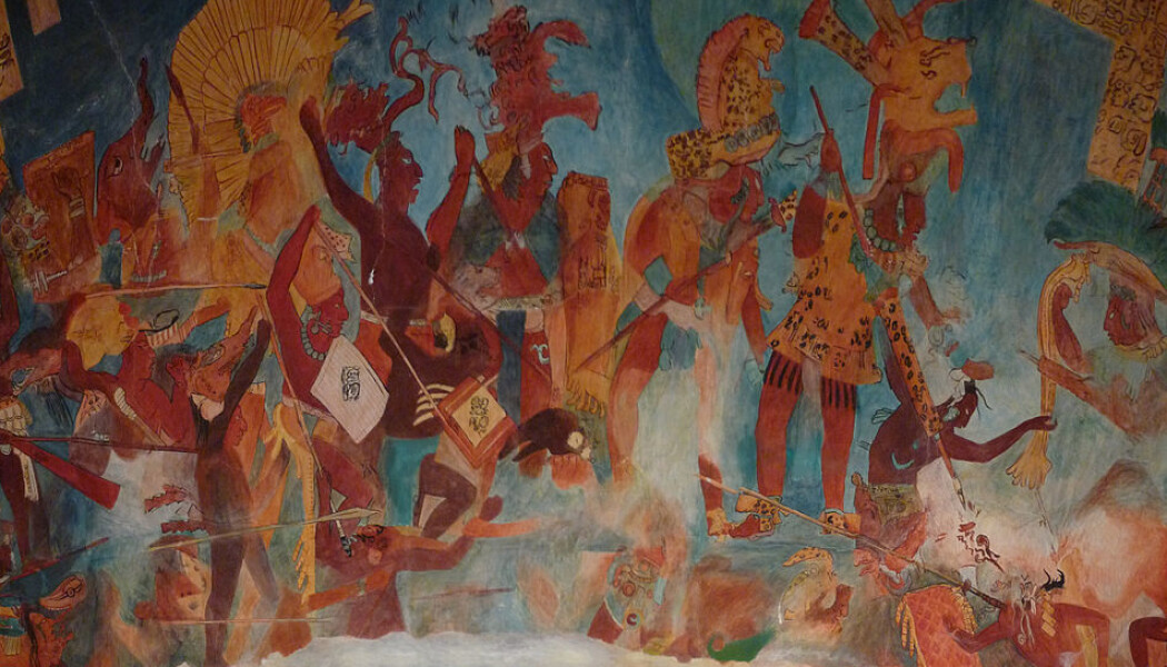 Reproduksjon av et stort Maya-veggmaleri fra Bonampak i Mexico. Det skal ha blitt laget en gang mellom 580 og 800 e.Kr, og viser tydelige krigsscener. (Bilde: El Comandante/CC BY-SA 3.0) Reproduksjon av et stort Maya-veggmaleri fra Bonampak i Mexico. Det skal ha blitt laget en gang mellom 580 og 800 e.Kr, og viser tydelige krigsscener. (Bilde: El Comandante/CC BY-SA 3.0)
