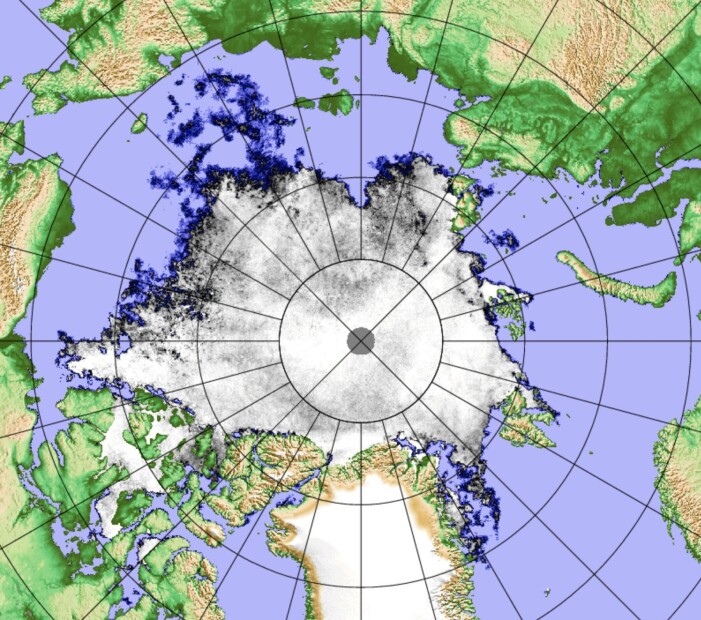 Dagens iskart for Arktis fra det japanske satellittinstrumentet AMSR2. (Bilde: PolarView/Univ Bremen) Dagens iskart for Arktis fra det japanske satellittinstrumentet AMSR2. (Bilde: PolarView/Univ Bremen)