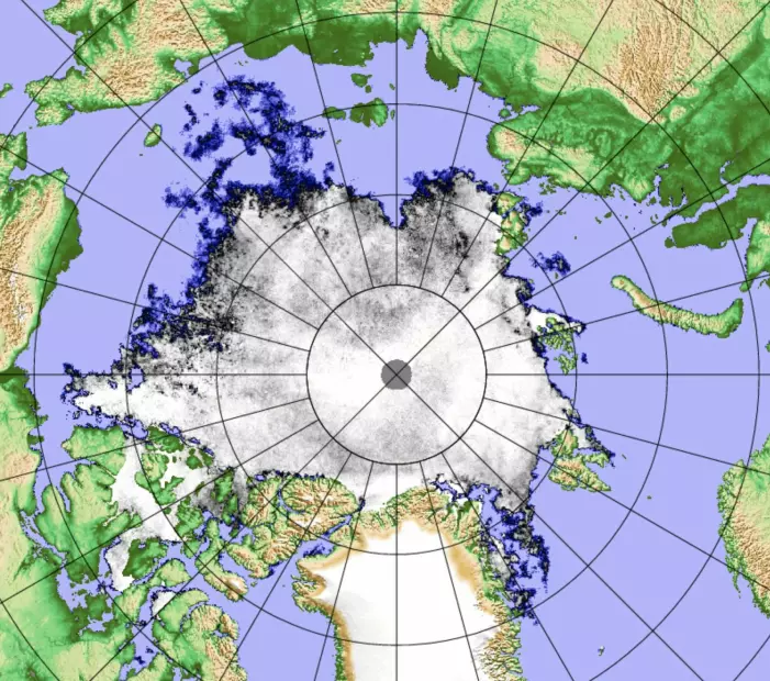 Dagens iskart for Arktis fra det japanske satellittinstrumentet AMSR2. (Bilde: PolarView/Univ Bremen)