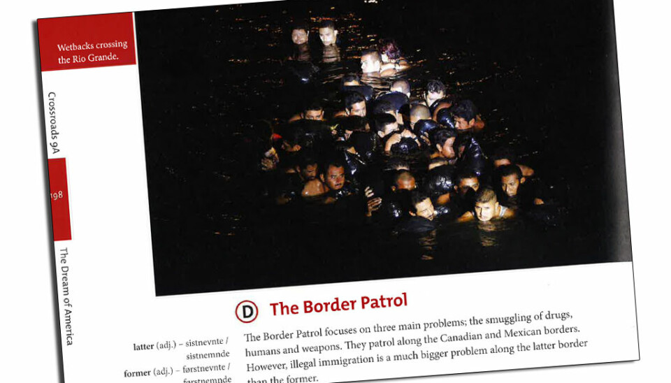 Engelskboken Crossroads, som blir gitt ut av Fagbokforlaget, får kritikk for å kalle meksikanere som tar seg over grensen til USA for «wetbacks».  (Faksimile fra Crossroads 9a, Fagbokforlaget)