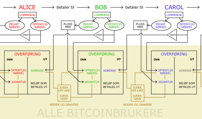 Den offentlige nøkkelen hashes og blir en kortere adresse. Den private nøkkelen – sammen med noen andre deler som forklares seinere – settes sammen til signaturen. Noder og gravere sjekker at for eksempel Bob har rett til å ta i bruk utbetalingen fra Alice. Først sjekkes offentlig nøkkel mot adresse. Så sjekkes signatur mot offentlig nøkkel. Den offentlige nøkkelen hashes og blir en kortere adresse. Den private nøkkelen – sammen med noen andre deler som forklares seinere – settes sammen til signaturen. Noder og gravere sjekker at for eksempel Bob har rett til å ta i bruk utbetalingen fra Alice. Først sjekkes offentlig nøkkel mot adresse. Så sjekkes signatur mot offentlig nøkkel.