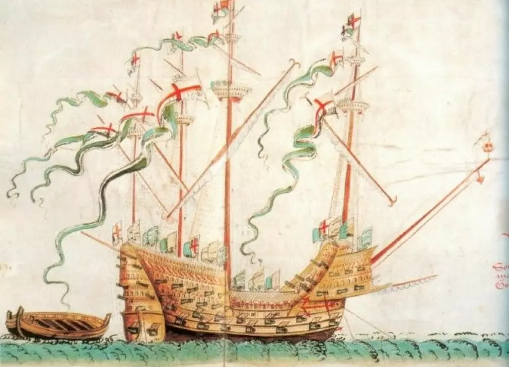 Her er det engelske krigsskipet Great Harry som sank i 1533. Der henger entrehaken på baugspydet foran på skipet. (Illustrasjon: Wikimedia CC-PD)