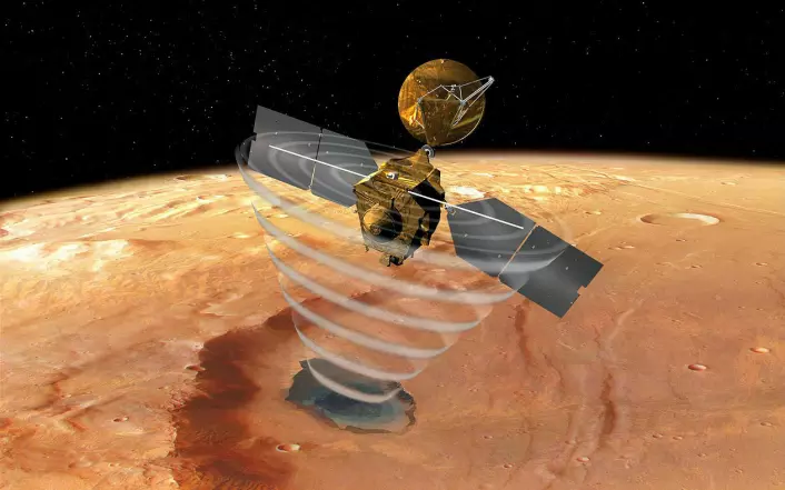Radaren på romsonden Mars Reconnaissance Orbiter kan trenge opptil 300 meter ned i islagene på polene til Mars. Forskjellige islag har ulik mengde støv i seg. Det endrer radarrefleksjonene, slik at forskerne kan skille lagene fra hverandre. (Foto: (Illustrasjon: NASA))