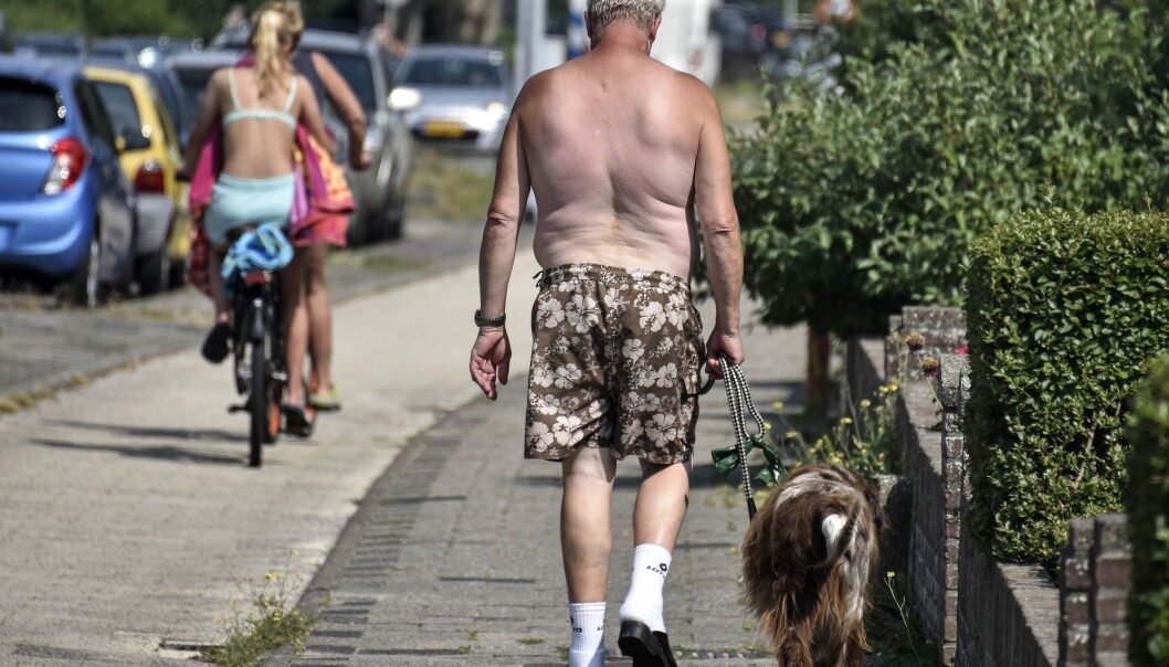 En mann i bar overkropp lufter hunden i byen Egmond i Nederland torsdag 25. juli. Denne dagen ble det satt nye nasjonale varmerekorder i Nederland, Belgia, Tyskland, Luxembourg og Storbritannia. I Nederland, Belgia og Tyskland ble de gamle varmerekordene nærmest knust. (Foto: Martin Meissner / AP / NTB scanpix) En mann i bar overkropp lufter hunden i byen Egmond i Nederland torsdag 25. juli. Denne dagen ble det satt nye nasjonale varmerekorder i Nederland, Belgia, Tyskland, Luxembourg og Storbritannia. I Nederland, Belgia og Tyskland ble de gamle varmerekordene nærmest knust. (Foto: Martin Meissner / AP / NTB scanpix)