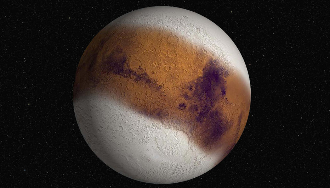 Slik kan Mars ha sett ut under forrige istid. Underlig nok er polene på Mars varmere under istidene, og en av mekanismene bak istidene er stikk motsatt av den på jorda. Forskere har nå brukt radarbilder av nordpolkalotten til å beregne at den forrige istiden sluttet for 370 000 år siden. (Illustrasjon: NASA) Slik kan Mars ha sett ut under forrige istid. Underlig nok er polene på Mars varmere under istidene, og en av mekanismene bak istidene er stikk motsatt av den på jorda. Forskere har nå brukt radarbilder av nordpolkalotten til å beregne at den forrige istiden sluttet for 370 000 år siden. (Illustrasjon: NASA)