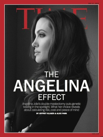 TIME Magazine omtalte Angelina-effekten allerede samme måned som hun stod frem med sitt valg om å fjerne begge brystene. (Foto: (Forside TIME Magazine 27.05.2013)) TIME Magazine omtalte Angelina-effekten allerede samme måned som hun stod frem med sitt valg om å fjerne begge brystene. (Foto: (Forside TIME Magazine 27.05.2013))