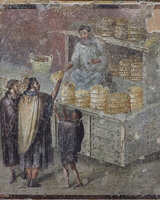 Kjøp og salg av brød på en fresco fra Pompeii. (Foto: Azoor Photo/Alamy Stock Photo) Kjøp og salg av brød på en fresco fra Pompeii. (Foto: Azoor Photo/Alamy Stock Photo)
