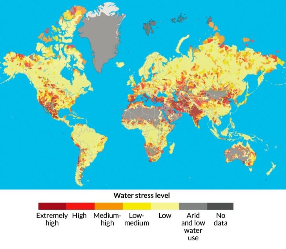 Data utgitt av World Resources Institute. 17 land, hovedsakelig i Midtøsten, Nord-Afrika og Sør-Asia, er under et ekstremt høyt press.
De bruker minst 80 prosent av sine årlige forsyninger. Ytterligere 27 land i kategorien “høyt” press bruker 40 til 80 prosent av forsyningene. Mindre pressede land, de som bruker mindre enn 40 prosent av vannforsyningen, er rangert som "middels høye" til "lave." (Foto: Aqueduct/wri.org) Data utgitt av World Resources Institute. 17 land, hovedsakelig i Midtøsten, Nord-Afrika og Sør-Asia, er under et ekstremt høyt press.
De bruker minst 80 prosent av sine årlige forsyninger. Ytterligere 27 land i kategorien “høyt” press bruker 40 til 80 prosent av forsyningene. Mindre pressede land, de som bruker mindre enn 40 prosent av vannforsyningen, er rangert som "middels høye" til "lave." (Foto: Aqueduct/wri.org)