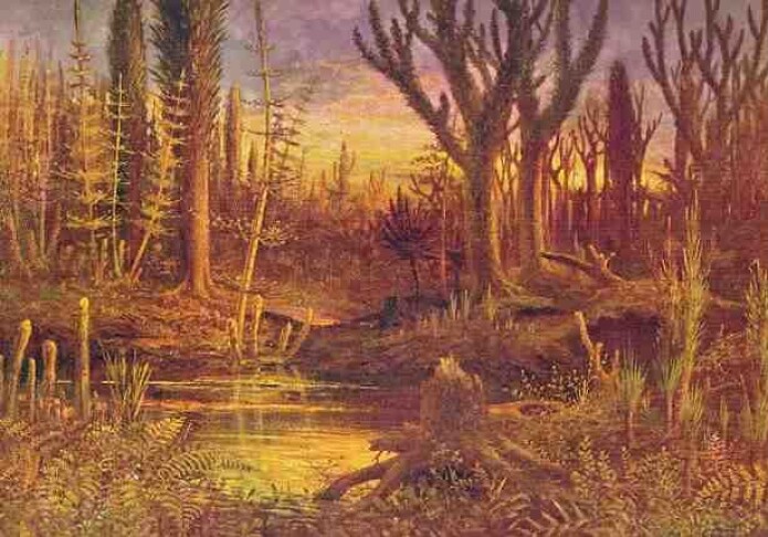 Slik har en kunstner forestilt seg en skog i devon med tidlig vegetasjon av sporeplanter. Vi ser både bregner og kjempestore sneller. (Illustrasjon: Eduard Riou) Slik har en kunstner forestilt seg en skog i devon med tidlig vegetasjon av sporeplanter. Vi ser både bregner og kjempestore sneller. (Illustrasjon: Eduard Riou)