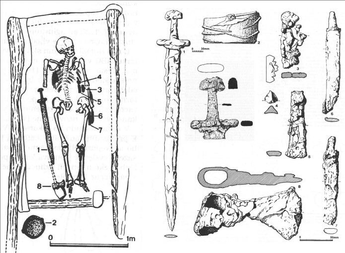 Oversikt over graven og innholdet. Sverd, en bøtte, flere kniver. Fyrstålet var ganske nedbrutt, men er nr. 3 på plansjen. (Bilde: Basert på Vlcek/1977/ Saunders et al/Antiquity 2019). Oversikt over graven og innholdet. Sverd, en bøtte, flere kniver. Fyrstålet var ganske nedbrutt, men er nr. 3 på plansjen. (Bilde: Basert på Vlcek/1977/ Saunders et al/Antiquity 2019).