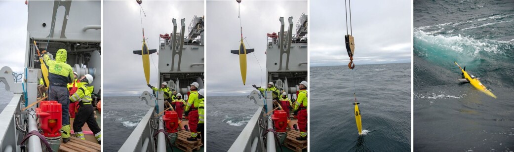 Utsetting av en glider fra om bord forskningsskipet «Kronprins Haakon». (Foto: Rudi J. M. Caeyers, UiT / The Nansen Legacy) Utsetting av en glider fra om bord forskningsskipet «Kronprins Haakon». (Foto: Rudi J. M. Caeyers, UiT / The Nansen Legacy)