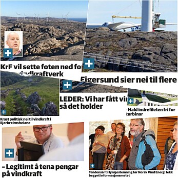 Lokalt i mange kommuner raser debatten for og imot vindkraft. Alle klippene her er fra Dalane Tidende. (Montasje: forskning.no) Lokalt i mange kommuner raser debatten for og imot vindkraft. Alle klippene her er fra Dalane Tidende. (Montasje: forskning.no)