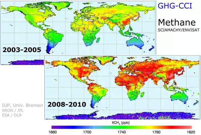 Metan i atmosfæren målt i parts per billion fra 2003 til 2005 og 2008 til 2010 av satellittene Envisat og GoSat. (Foto: IUP, Univ. Bremen/SRON/JPL/ESA/DLR)