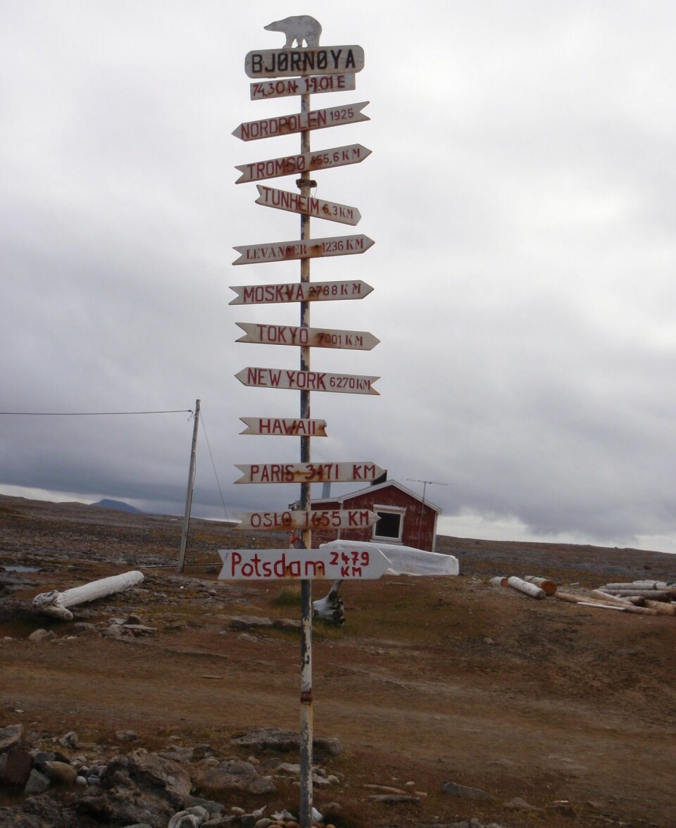 Det ikoniske Bjørnøya-skiltet. (Foto: Kate Hawley, NIVA)