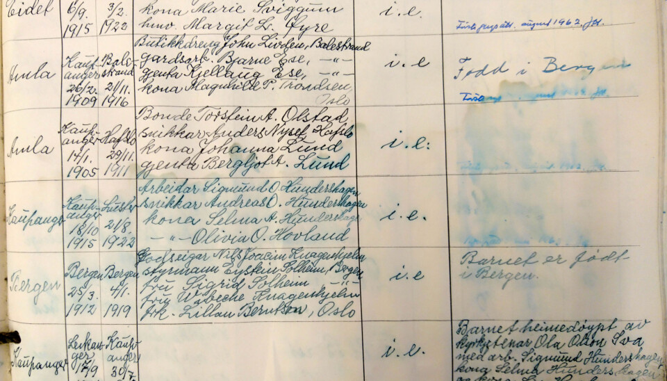 Bildet er et utsnitt av en kirkebok og viser døpte i Kaupanger, Sogndal. Da det brant i Stedjetunet rant det vann inn i safen hvor kirkeboken ble oppbevart. Denne siden er relativt uskadd fordi den er skrevet med vannfast blekk. (Foto: Marianne Herfindal Johannessen/Arkivverket)