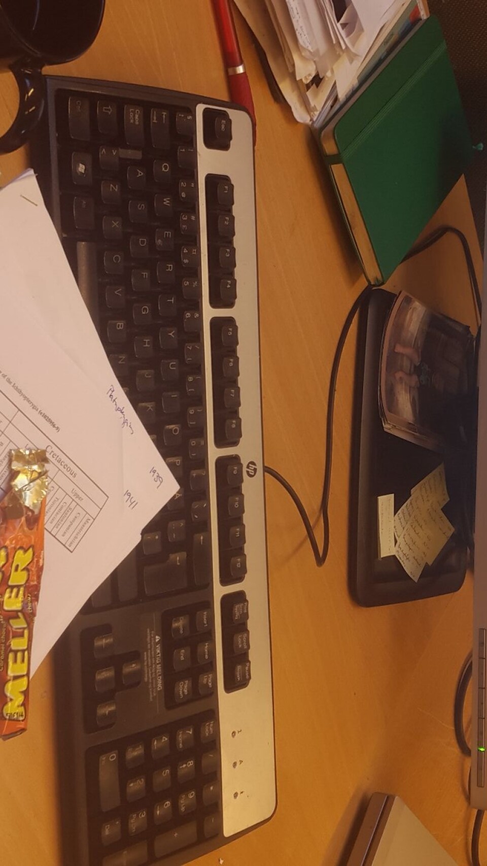 Det man trenger for å skrive en artikkel: Datamaskin, andres artikler, egen notatbok, kaffe og sjokolade. Også hjernen da. Foto: LLD