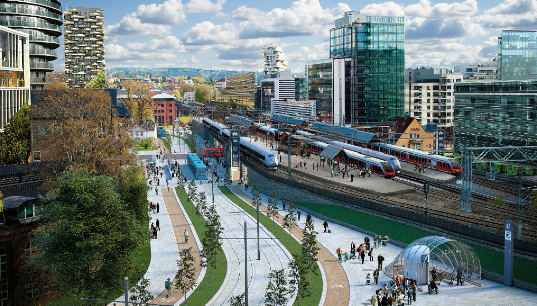 Når utvalgte bosettingskonsentrasjoner i og rundt Stor-Oslo de nærmeste årene skal utvikles til byer, og den store befolkningsveksten konsentreres her, er etableringen av kollektivknutepunkter viktig. T-banen mellom Fornebu og Majorstua, via Lysaker og Skøyen, skal, når den blir ferdig, frakte mer enn 6000 risende per time. Bildet viser utvikling av et knutepunkt på Skøyen. (Illustrasjon: Placebo/Ruter.) Når utvalgte bosettingskonsentrasjoner i og rundt Stor-Oslo de nærmeste årene skal utvikles til byer, og den store befolkningsveksten konsentreres her, er etableringen av kollektivknutepunkter viktig. T-banen mellom Fornebu og Majorstua, via Lysaker og Skøyen, skal, når den blir ferdig, frakte mer enn 6000 risende per time. Bildet viser utvikling av et knutepunkt på Skøyen. (Illustrasjon: Placebo/Ruter.)