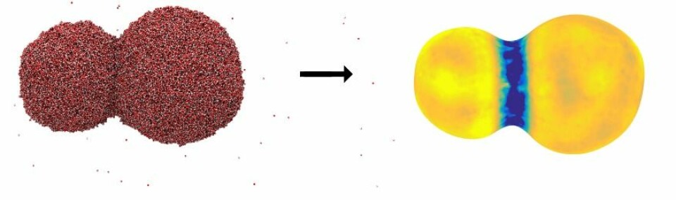 Et bilde av to vanndråper som slår seg sammen. Bildet til venstre viser et øyeblikksbilde fra en molekyldynamikk simulering, hvor de små dottene representerer vannmolekyler. Bildet til høyre illustrerer overflatemotstanden for varmeovergang, hvor en mørkere farge betyr at motsanden er høy. Det er vanskeligst å transportere varme ut og inn av området akkurat der hvor dråpene smelter sammen. (Foto: (Illustrasjon: Øivind Wilhelmsen, Sintef Energi))
