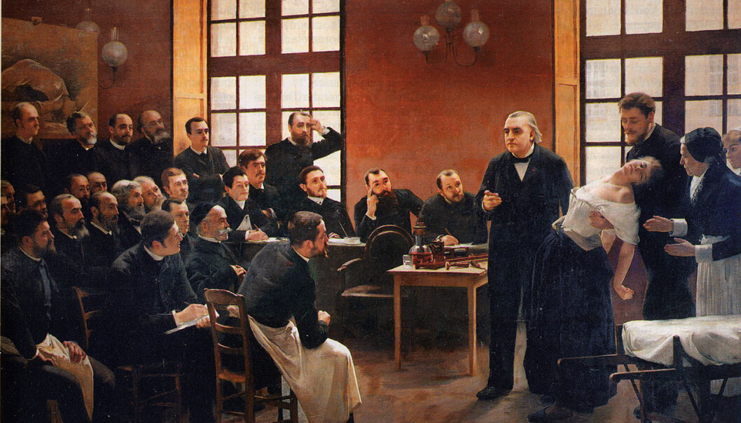 André Brouillets kjente maleri fra 1887 avbilder en medisinsk forelesning om kvinnelig hysteri, en utbredt diagnose på 1800-tallet. I ekstreme tilfeller kunne kvinnen risikere å bli plassert på galehus eller få fjernet livmoren sin. (Maleri: Pierre-André Brouillet/tilgjengeliggjort av Wikimedia.) André Brouillets kjente maleri fra 1887 avbilder en medisinsk forelesning om kvinnelig hysteri, en utbredt diagnose på 1800-tallet. I ekstreme tilfeller kunne kvinnen risikere å bli plassert på galehus eller få fjernet livmoren sin. (Maleri: Pierre-André Brouillet/tilgjengeliggjort av Wikimedia.)