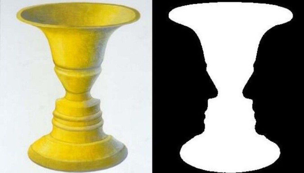 Du kan se en vase, og du kan se to menn fra siden. Men det er vanskelig å se begge deler samtidig. Barn på 3-4 år har problemer med å se både vasen og mennene. Det viste i hvert fall en studie. (Illustrasjon: John Smithson 2007/Wikimedia Commons) Du kan se en vase, og du kan se to menn fra siden. Men det er vanskelig å se begge deler samtidig. Barn på 3-4 år har problemer med å se både vasen og mennene. Det viste i hvert fall en studie. (Illustrasjon: John Smithson 2007/Wikimedia Commons)