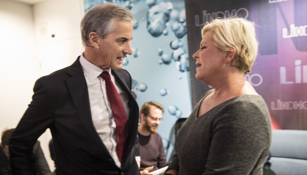 Velgerne misliker at politikere angriper hverandre. Her er Jonas Gahr Støre (Ap) og Siv Jensen (Frp) under valgkampen ved forrige valg i 2017. (Foto: Vidar Ruud/NTB Scanpix). Velgerne misliker at politikere angriper hverandre. Her er Jonas Gahr Støre (Ap) og Siv Jensen (Frp) under valgkampen ved forrige valg i 2017. (Foto: Vidar Ruud/NTB Scanpix).