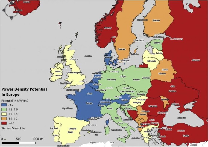 Landene markert med rødt (blant annet Norge, Ukraina, Russland og Tyrkia) har størst potensial for å utnytte vindkraft. (Illustrasjon: University of Sussex/Aarhus Universitet) Landene markert med rødt (blant annet Norge, Ukraina, Russland og Tyrkia) har størst potensial for å utnytte vindkraft. (Illustrasjon: University of Sussex/Aarhus Universitet)