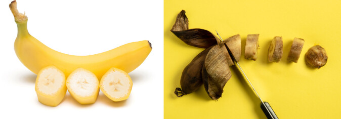 Bananen til venstre er mat pluss et skall vi ikke spiser. Skallet er matavfall. Bananen til høyre har råtnet og blitt til matsvinn. Skallet er fortsatt matavfall. (Foto: Shutterstock / NTB scanpix) Bananen til venstre er mat pluss et skall vi ikke spiser. Skallet er matavfall. Bananen til høyre har råtnet og blitt til matsvinn. Skallet er fortsatt matavfall. (Foto: Shutterstock / NTB scanpix)