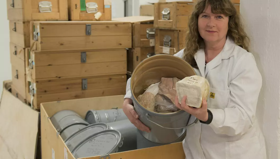 Vivi Vajda, professor i paleontologi, som også jobber ved Naturhistoriska riksmuseet åpner kassen fra NASA. (Foto: Annica Roos, Naturhistoriska riksmuseet)