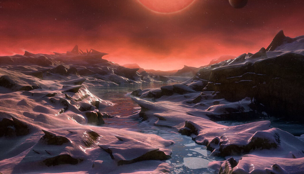 Kanskje ser det slik ut på en av planetene som kretser rundt TRAPPIST-1? Egentlig litt for kaldt, men likevel med noe flytende vann og muligheter for liv. (Illustrasjon: ESO/M. Kornmesser) Kanskje ser det slik ut på en av planetene som kretser rundt TRAPPIST-1? Egentlig litt for kaldt, men likevel med noe flytende vann og muligheter for liv. (Illustrasjon: ESO/M. Kornmesser)